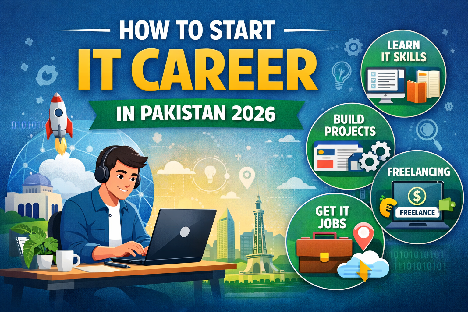Infographic illustrating steps to start an IT career in Pakistan, including education, skills, and job search tips.