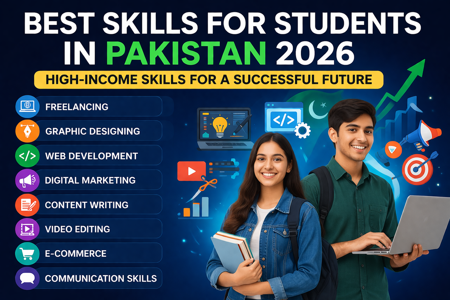 Visual representation of essential skills for Pakistani students in 2020, aimed at enhancing employability and growth.