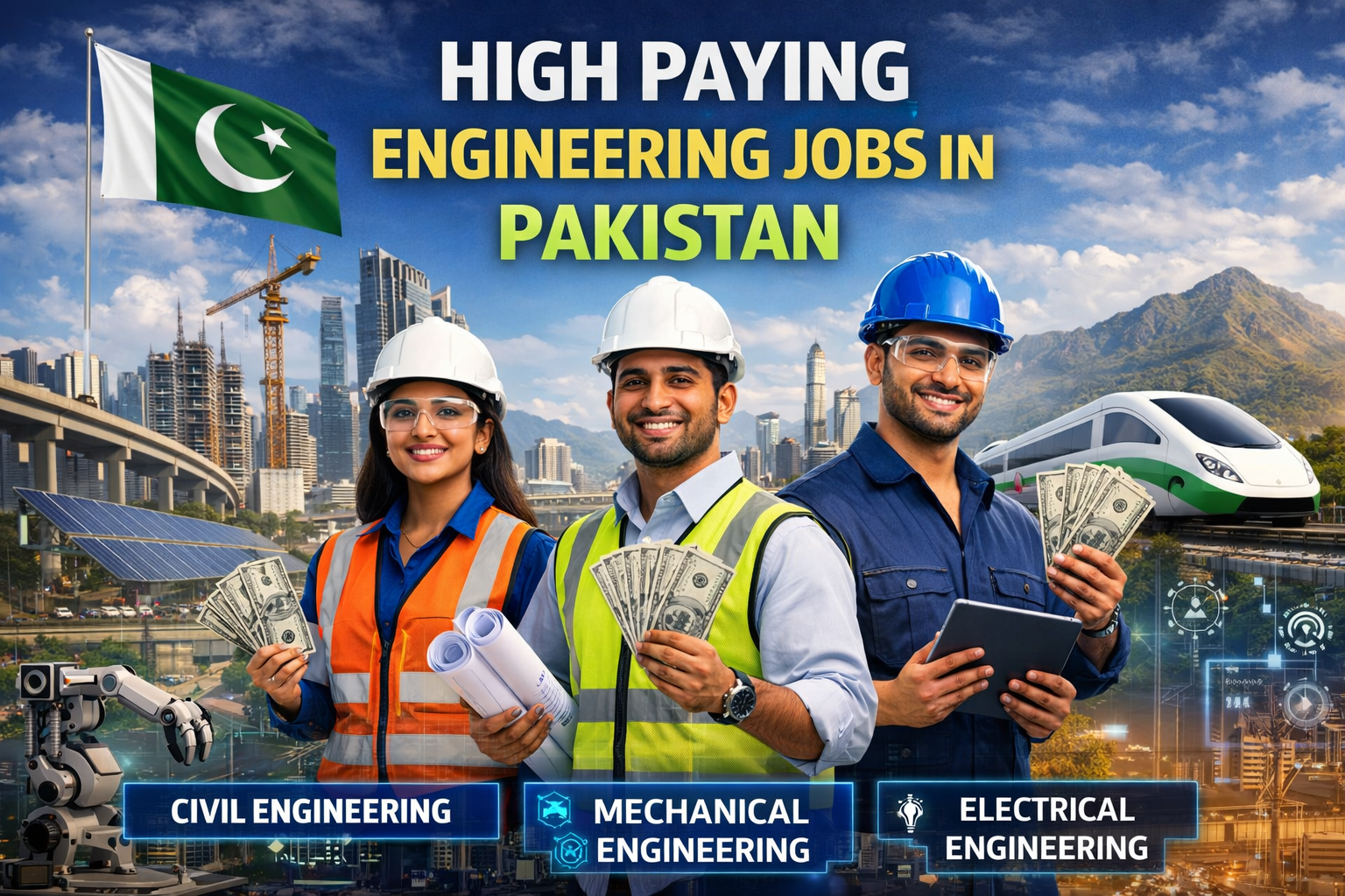 Infographic showcasing high-paying engineering jobs available in Pakistan with salary ranges and job titles.
