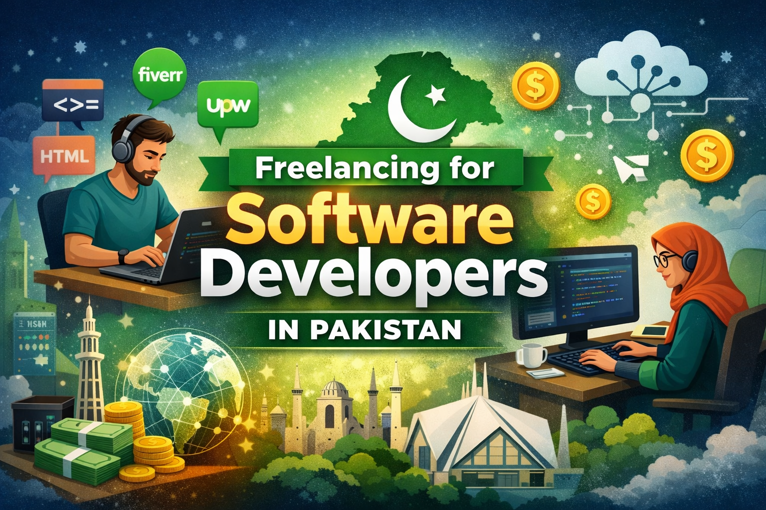 An infographic depicting the freelancing landscape for software developers in Pakistan, highlighting key statistics and resources.